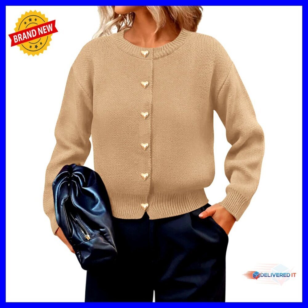 Long Sleeve Cardigan Sweater Button Down Crew Neck Office Wear